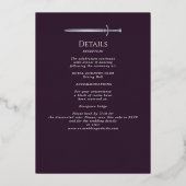 Eggplant Medieval Silver Sword Wedding Details Folieneinladung (Rückseite)