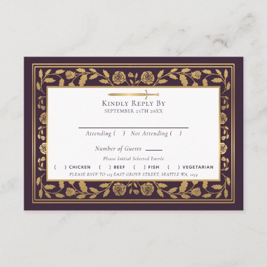 Eggplant Medieval Sword Wedding RSVP Begleitkarte (Vorderseite)