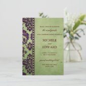 Eggplant & Olive Damask Hochzeitsfeier Einladung (Stehend Vorderseite)