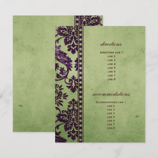 Eggplant & Olive Damask HochzeitsInsert Begleitkarte (Vorne/Hinten)