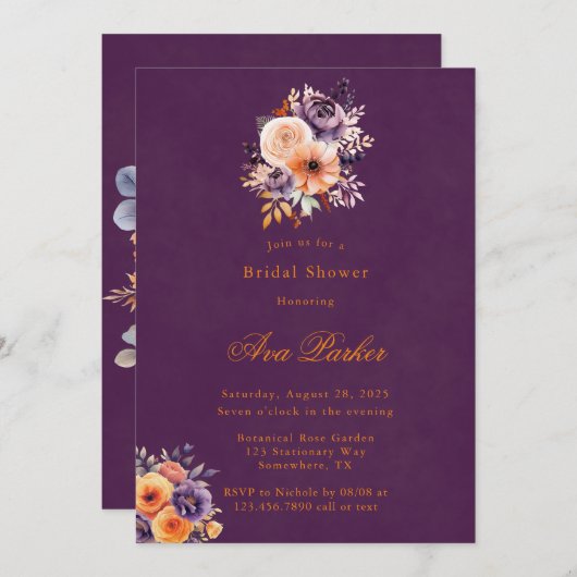 Eggplant Orange Floral Elegantes Brautparty Einladung (Vorne/Hinten)