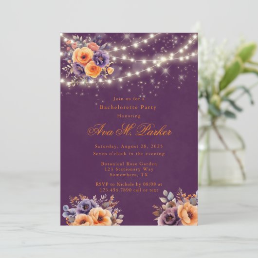 Eggplant Orange Floral Lights Junggeselinnen-Absch Einladung (Stehend Vorderseite)