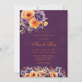 Eggplant Plum Orange Floral Wedding Celebration Einladung