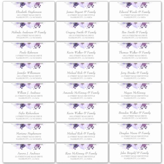 Eggplant Purple Flowers Guest Names Address Labels (Vorderseite)