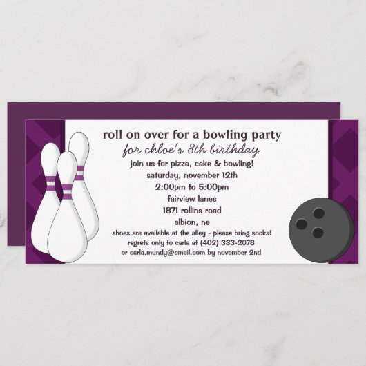 Eggplant Roll über Bowling Geburtstag Einladung (Vorne/Hinten)