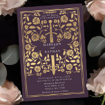 Eggplant Royal Medieval Gold Sword Wedding Einladung<br><div class="desc">Set den Ton für deine mittelalterliche Fantasy-Hochzeit mit einem kühnen Einladungs-Design - ein großes Goldschwert umgeben von Blumen vor Auberginen-Hintergrund. Ideal für Paare,  die von einer epischen,  romantischen Feier träumen. Machen Sie Ihre Liebe von Anfang an legendär! HINWEIS: Das Gold in diesem Design ist KEINE echte Folie.</div>
