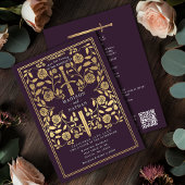 Eggplant Royal Medieval Gold Sword Wedding QR Code Einladung