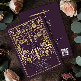 Eggplant Royal Medieval Gold Sword Wedding QR Code Einladung
