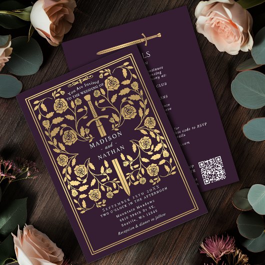 Eggplant Royal Medieval Gold Sword Wedding QR Code Einladung