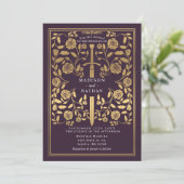 Eggplant Royal Medieval Gold Sword Wedding QR Code Einladung (Stehend Vorderseite)
