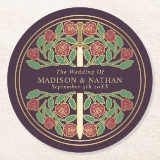 Eggplant Royal Medieval Gold Sword Wedding Runder Pappuntersetzer