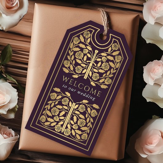 Eggplant Royal Medieval Gold Sword Wedding Welcome Geschenkanhänger