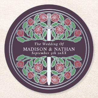 Eggplant Royal Medieval Silver Sword Wedding Runder Pappuntersetzer