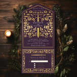 Eggplant Royal Medieval Sword Wedding All In One Einladung<br><div class="desc">Feiern Sie Ihren besonderen Tag mit diesem königlich-mittelalterlichen Schwert Hochzeitsdesign. Das Design auf der Rückseite des Einladens ist KEINE echte Goldfolie. Sie können dies durch einen Klick auf "PERSONALISIEREN" weiter anpassen.</div>