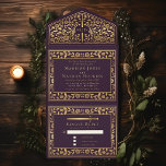 Eggplant Royal Medieval Sword Wedding All In One Einladung<br><div class="desc">Feiern Sie Ihren besonderen Tag mit diesem königlich-mittelalterlichen Schwert Hochzeitsdesign. Das Design auf der Rückseite des Einladens ist KEINE echte Goldfolie. Sie können dies durch einen Klick auf "PERSONALISIEREN" weiter anpassen.</div>
