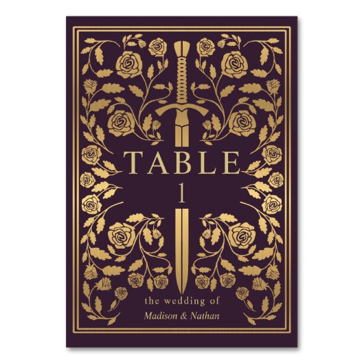 Eggplant Royal Medieval Sword Wedding Tischnummer (Rückseite)