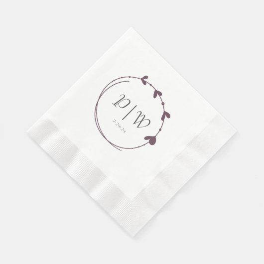 Eggplant Simple Heart Wreath Monogram Wedding Serviette (Ecke)