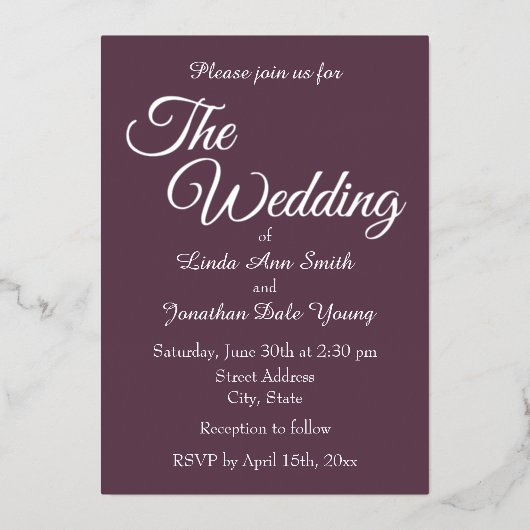 Eggplant Simple Style Wedding Folieneinladung (Vorderseite)