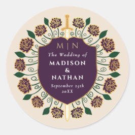 Eggplant Sword Shield Fantasy Monogram Wedding Runder Aufkleber