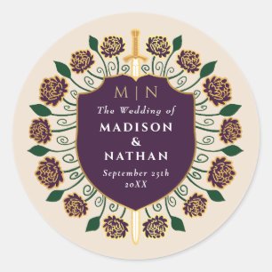 Eggplant Sword Shield Fantasy Monogram Wedding Runder Aufkleber