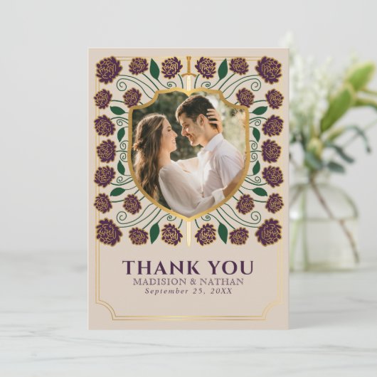 Eggplant Sword & Shield Fantasy Wedding Dankeskarte (Stehend Vorderseite)