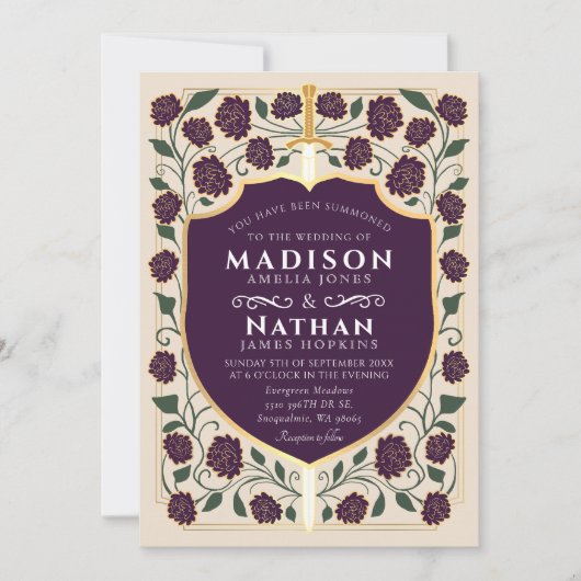 Eggplant Sword Shield Fantasy Wedding QR Code Einladung (Vorderseite)