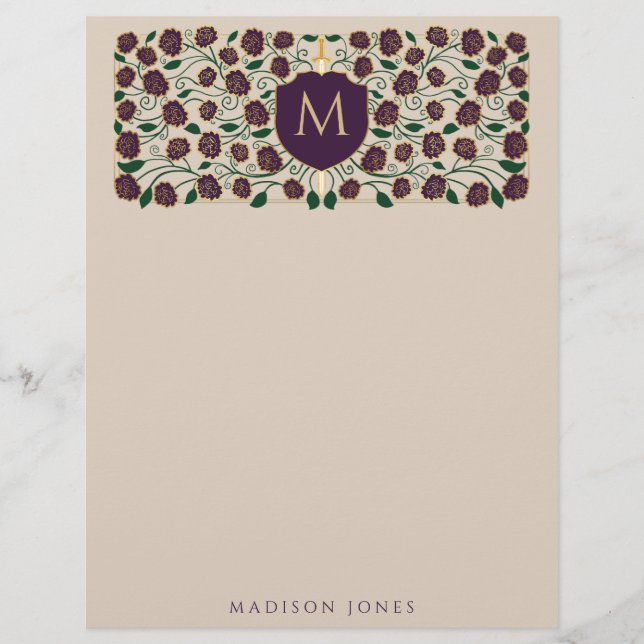 Eggplant Sword & Shield Medieval Fantasy Monogram Briefbogen (Vorderseite)