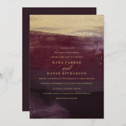 Eggplant und Gold Look| Einladung zur Hochzeit von (Vorne/Hinten)