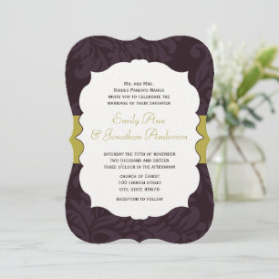 Eggplant und Golden Chartreuse Damask Hochzeit Einladung