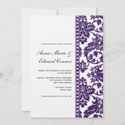 Eggplant Vintag Damask Lace Wedding Einladung (Vorderseite)