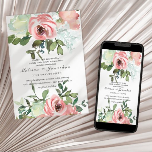 Eggshell and Blush Floral Wedding Einladung