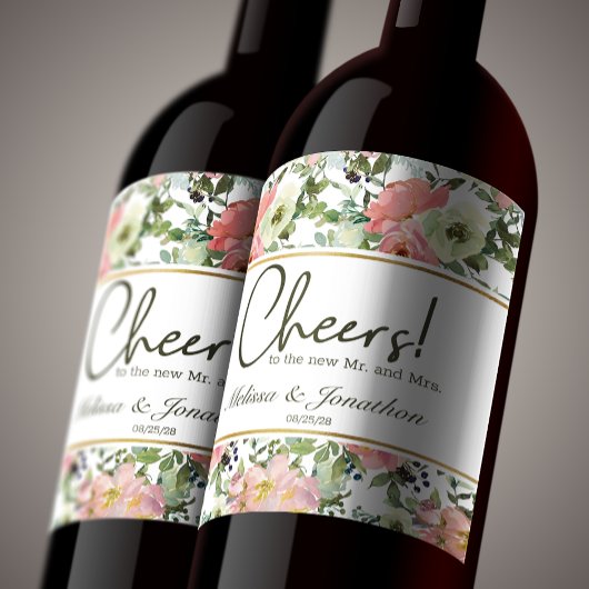 Eggshell and Blush Floral Wedding Wine Label Weinetikett