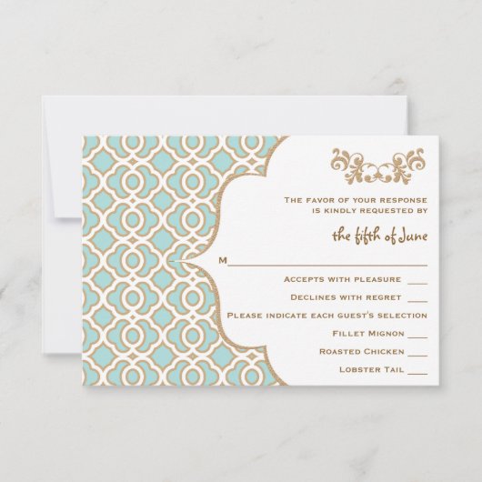 Eggshell Blue Gold marokkanische Hochzeitskarten RSVP Karte (Vorderseite)