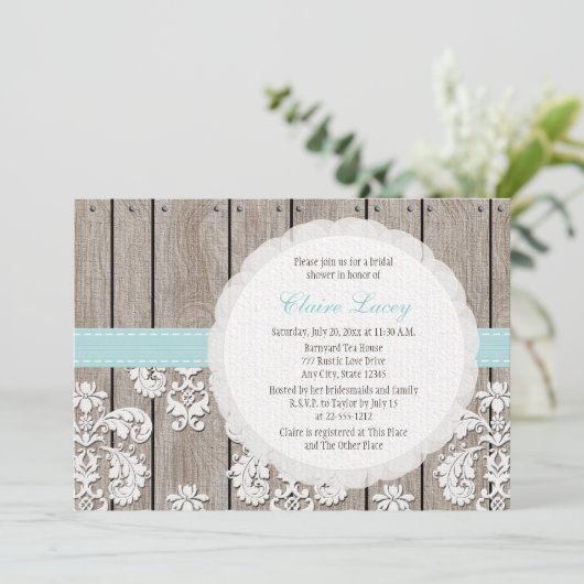 Eggshell Blue Lace Rustic Bridal Dusche Einladung (Stehend Vorderseite)