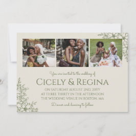 Eggshell & Olive Floral Foto Collage Wedding Einladung
