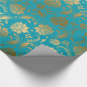 EGold & Turquoise Blauer Blumenmuster Geschenkpapier (Ecke)