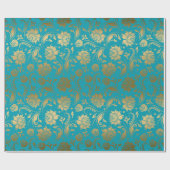 EGold & Turquoise Blauer Blumenmuster Geschenkpapier (Flach)