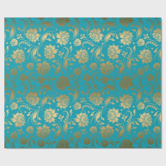 EGold & Turquoise Blauer Blumenmuster Geschenkpapier (Flach)