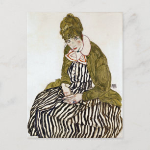 Egon Schiele Edith mit gestreiftem Kleid, sitzend Postkarte