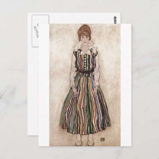 Egon Schiele - Edith Schiele im Stripkleid 1915 Postkarte (Vorne/Hinten)