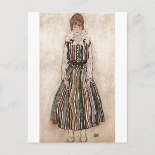 Egon Schiele - Edith Schiele im Stripkleid 1915 Postkarte (Vorderseite)