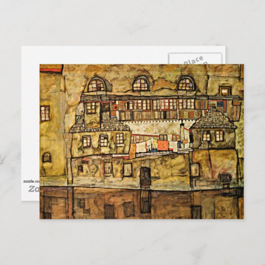 Egon Schiele - Hausmauer am Fluss Postkarte (Vorne/Hinten)