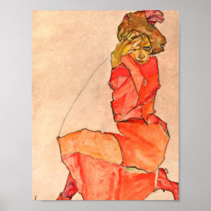Egon Schiele - Kneeling Female In Orange Red Dress Poster