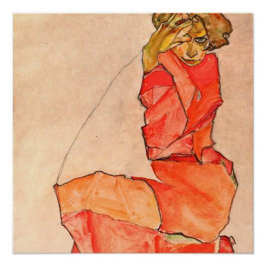 Egon Schiele - Knetfrau in orangefarbenem Kleid Poster (Vorderseite)