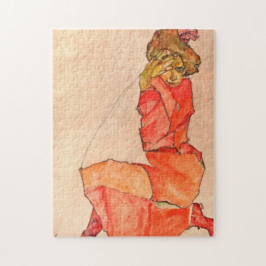 Egon Schiele - Knetfrau in orangefarbenem Kleid Puzzle (Vertikal)