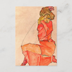 Egon Schiele - kniende Frau im orange Rot-Kleid Begleitkarte