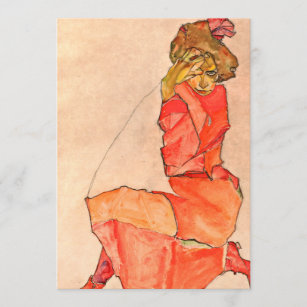 Egon Schiele - kniende Frau im orange Rot-Kleid Einladung