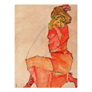 Egon Schiele - kniende Frau im orange Rot-Kleid Poster