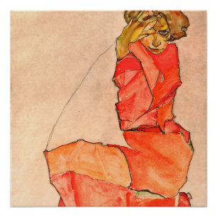 Egon Schiele - kniende Frau im orange Rot-Kleid Poster