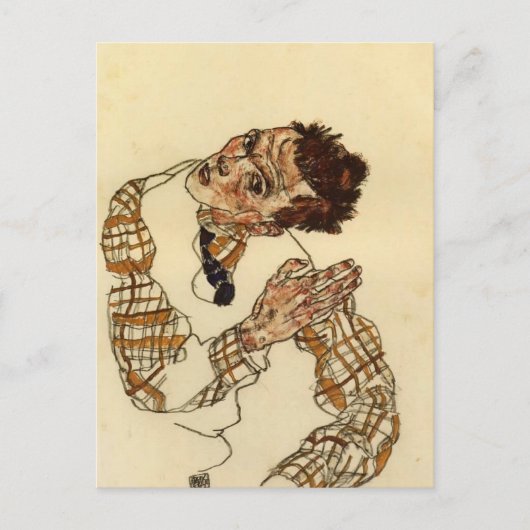 Egon Schiele - Selbstportrait mit kariertes Shirt Postkarte (Vorderseite)